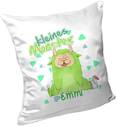 Kissen mit Namen Emmi und Motiv mit kleinem grünen Monster für Mädchen | Namenskissen personalisiert | Kuschelkissen | Schmusekissen