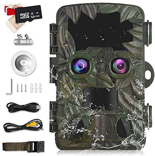 Trail Camera Dual-Lens with Starlight Night Vision 4K 20MP Wildlife Game Camera with 0.2s Motion Activated 120° Wide Angle IP66 Waterproof 2.4 Screen Hunting Scouting Cam with SD Card,64G