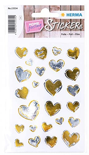 HERMA 15534 Aufkleber Herzen Gold Silber klein mini, 25 Stück, Herz Sticker, selbstklebend, Etiketten in Herzform für Valentinstag Liebe Hochzeit Geburtstag Scrapbooking Dekoration Geschenk Briefe DIY