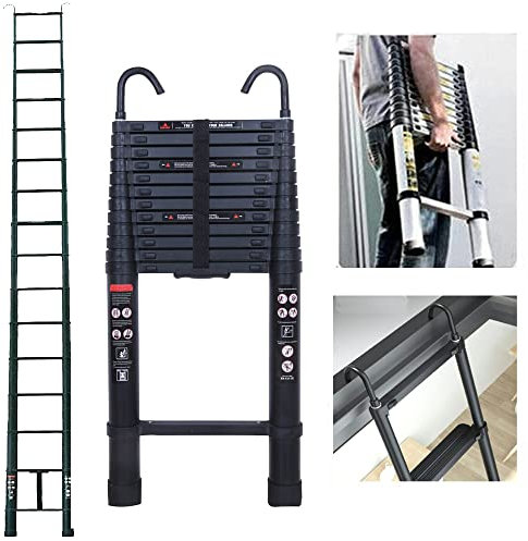 Teleskopleiter 5m mit 2 Haken, Aluminiumleiter bis 150kg Tragkraft, rutschfest Dachbodenleiter Teleskop, Tragbare Mehrzweck Leiter für Outdoor & Indoor, Leicht zu Tragen