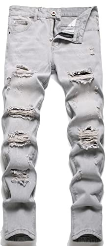 AITITIA Men's Ripped Regular Fit Jeans, 339 Grey, 32