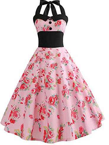 Robe Vintage Années 50 Femme Retro Rockabilly Pin Up Élégante Robes sans Manche Dos Nu Décolleté en Cœur Polka Dot Trapèze Mariage Cocktail Soirée Fête Cérémonie Décontractée au Genou #Fleur Rose S