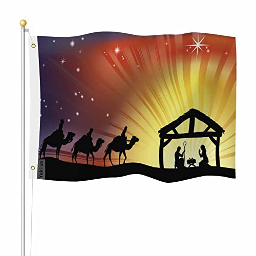 Yekiua Weihnachtskrippenflagge, 91x152 cm, traditionelle drei Weise Männer, Sonnenuntergang, Winter, UV-geschützt, Banner, langlebige Flagge für drinnen und draußen, mit Messingösen, lebendige Farben