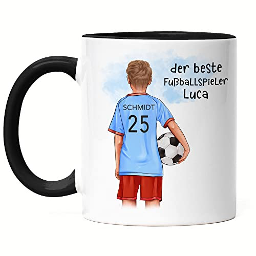 Kiddle-Design Fussball Tasse Schwarz Personalisiert mit Namen Fußball Becher Personalisiert Fanartikel Kinder Jungs Mädchen Fussballtasse Fußballfan Kinderbecher