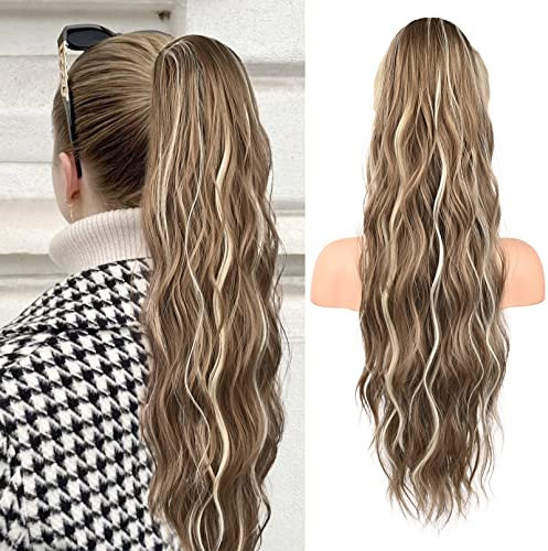 Flufymooz Ponytail Extension Pferdeschwanzverlängerung, 66 cm Pferdeschwanz mit Kordelzug Haarverlängerungen, Lockiger Pferdeschwanz Synthetisches Haarteil für Damen (Aschbraun mit blonden Reflexen)