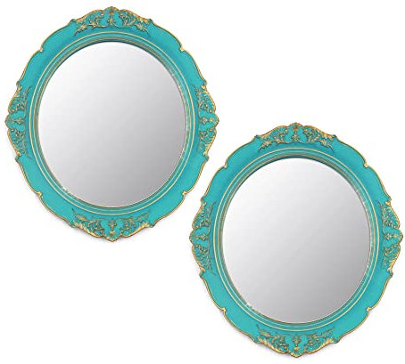 Eaoundm Dekorativer Wandspiegel, Vintage-Hängespiegel für Schlafzimmer, Wohnzimmer, Kommode, oval, 33,3 x 37,6 cm, Blau, 2 Stück