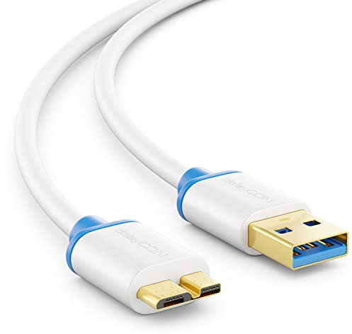 deleyCON 1,5m Micro USB 3.0 Cable de Datos Hasta 5 Gbps Cable de Carga para Móvil Teléfono Inteligente Tablet Discos Duros Externos - USB A Macho a Conector Micro B Blanco