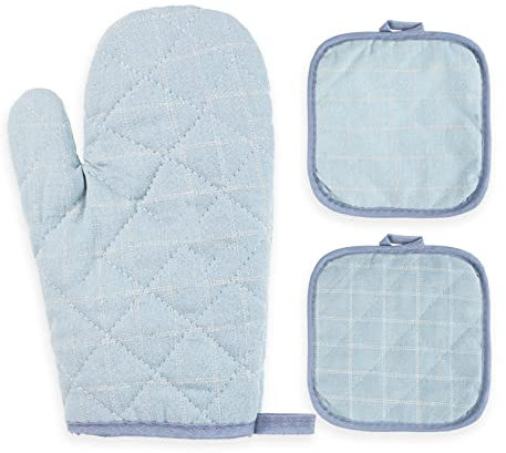 Set di 1 guanti da forno e 2 presine da Cucina in Cotone con Motivo a Disegno Scozzese - Resistenti al calore, Anello di Appendimento, Design Unico (Blu)