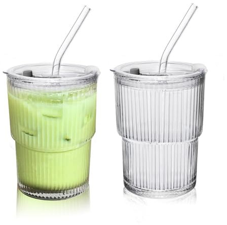 Lioong 2pcs Glass Coffee Cups with Lids and Straws,13Oz Ice Coffee Cup With Lids Matcha Glass Tumbler With Straws,Glasses Go to Cups Traveling Mugs For Cold Drinks Smoothie Juice Drinking (400ml)