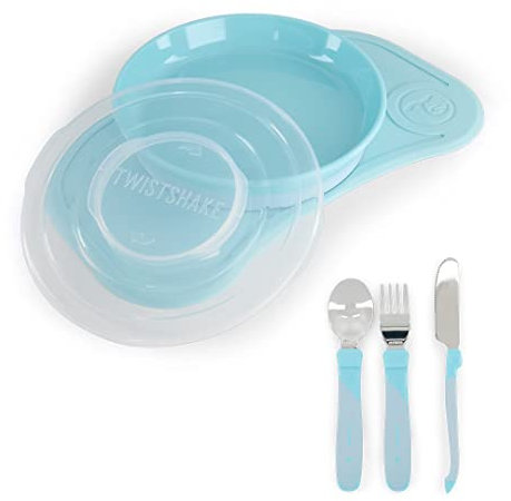 Twistshake Set De Vajilla Para Bebe Mini + Cubiertos | Plato De Succión + Mantel Individual (31x17cm) + Cubiertos De Acero Inoxidable 12m+ | Plato De Entrenamiento Para La Alimentación | Azul