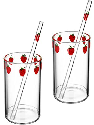 HEMOTON 2 Set Di Bicchieri In Per Fragole Con Cannucce Bicchiere Per Acqua Trasparente Tazza Kawaii Simpatici Bicchieri Per Bevande Caffè Acqua Latte Tè Casa Ufficio