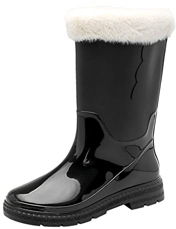 Briskorry Stivali da pioggia da donna in gomma leggeri, caldi, antiscivolo, impermeabili e in gomma, con suola in gomma, imbottiti, Wellington Boots, Nero , 39 EU