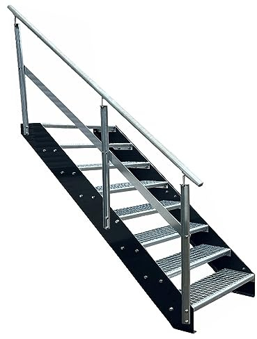 Kaminbau Mierzwa Premium Stahl Treppe mit Geländer Links Verzinkt 8 Stufen (Breite 600 mm) (Höhe 152 cm) Wangen Anthrazit Wetterfest Gitterroststufe Gartentreppe