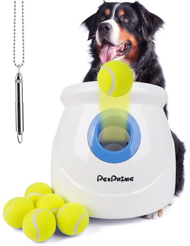 Pet Prime Dog Automatic Ball Launcher for Large Dogs Ball Thrower Machine Outdoor Indoor Use Interactive Dog Toy Adjustable Distance 10-40ft - Included 6 PCS 2.5” Tennis Balls and a Whistle