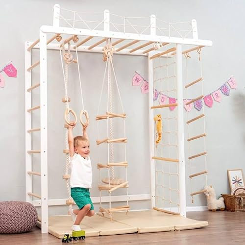 Wood And Hearts Montessori Drinnen Schwedische Leiter für Kinder, Indoor Klettergerüst, Indoor Kletterwand für Kinder, Turngeräte mit Seilzubehör in Weiß und Naturholzfarbe