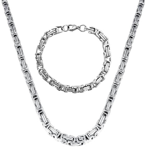 Uwiyo Königskette, Silber Edelstahl Halskette Armband für Herren, 4/5/6mm breit Königskette Halskette Armband Hip Hop Punk Schmuck für Herren, 51/56/61cm Länge(Silber-5mm, 61)