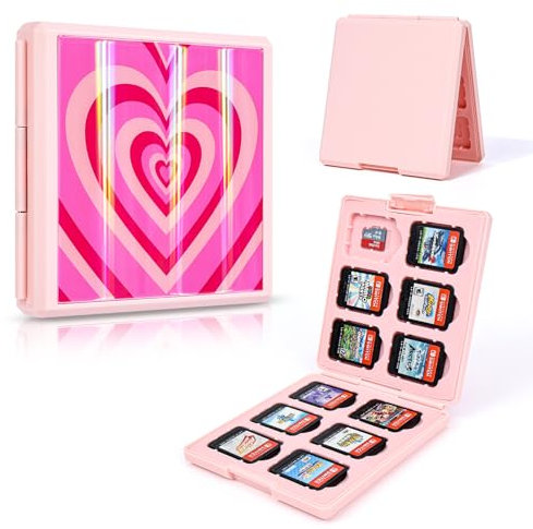 DLseego Game Card Case for Switch Lite/Switch OLED, Love Heart Shiny Reflective Gradient Switch Game Memory Card Portable Storage with 12 Game Card Slots and 12 Micro SD Card Slots - Pink