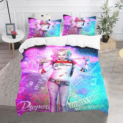 CHEFFS Harley Quinn Bettwäsche135x200, Anime Joker Bettwäsche-Set Für Jugendliche, 3D Cartoon Girl Bettbezug Kinder Mikrofaser Bettwäsche (135 x 200 cm,9)