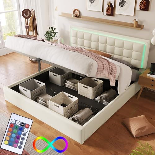 Letto Matrimoniale con Contenitore 160 x 200 cm con LED e Testiera, Letto una piazza e mezza con vano Portaoggetti, Letto contenitore matrimoniale con rete a doghe, Struttura Letto Matrimoniale