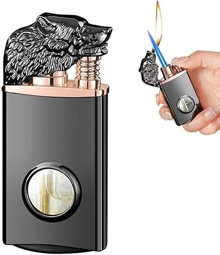 Qoobom Double Fire Wolf Head Aufblasbares Feuerzeug – Einstellbare Flamme, winddichtes und nachfüllbares Butan – personalisiertes Geschenk für Männer (mattschwarz)