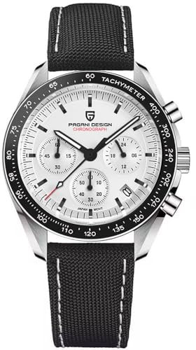 Pagani Design 1701 Herren Professionelle Chronograph Japan VK63 Quarzwerk Mond Armbanduhr Edelstahl 100M Wasserdicht Casual Analog Uhr Datum, Weiß-V5-Nylon