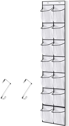mwellewm Shoe Storage Organiser Hanging Over the Door, Shoe Rack Holder with 14 Large Mesh Pockets, Shoe Storage with 2 Hooks (White)