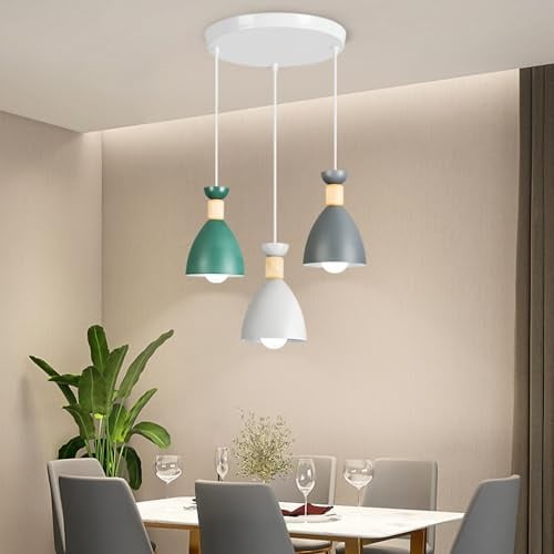 YLTLINK Pendelleuchte 3-Flammig Modern Hängelampe mit Höhenverstellbarer | 120cm Schnur,Nordic Stil Hängeleuchte,Grün/Grau/Weiß Becherförmige Form Lampenschirm,Holz-Detail,E27 Fassung