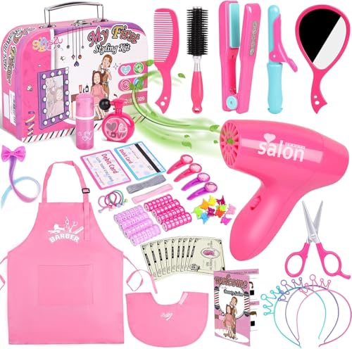 Gifts2U frisörset för barn, frisörleksaksset med hårtork, frisörförkläde, stylisttillbehör för 3–8 år gamla flickor (klassisk)
