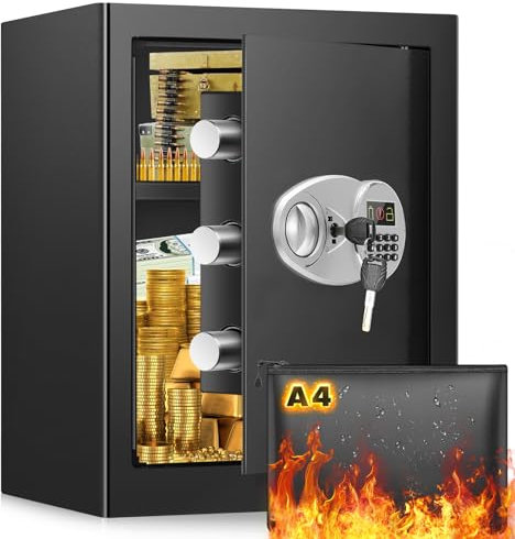 42L Large Fireproof Safe Box with Waterproof Fireproof Bag, Anti-Theft Home Safe with LCD Keypad Key and Removable Shelf, Digital Money Safe for Pistol Money Medicine Important ID Documents