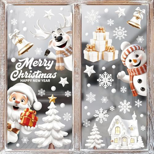Weihnachtsdeko-9 Seite Fensterbilder Weihnachten,Weihnachtsmann, Rentier, Schneeflocke Fensterfolie, 3D Wiederverwendbar Fensteraufkleber, Party Dekoration Atmosphäre zu schaffen