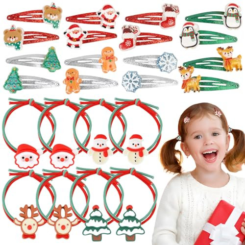 24pcs Pinces à Cheveux Noël Paillette Barrettes Épingle Père Noël Flocon de Neige Renne Pingouin et Élastique Cheveux Chouchou Bonhomme de Neige Sapin Décoration pour Fille Femme Hiver Nouvel An