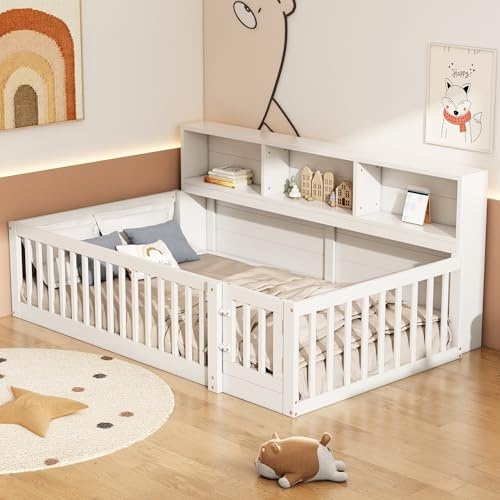 Dolamaní Kinder Bodenbett 90x200 cm mit mit Höhe 50 cm Rausfallschutz Sicherheit und Tür, Kinderbett Bodentief Bettseite mit Staufach, Kiefern Holz Bett mit Lattenrost (Ohne Matratze), Weiß