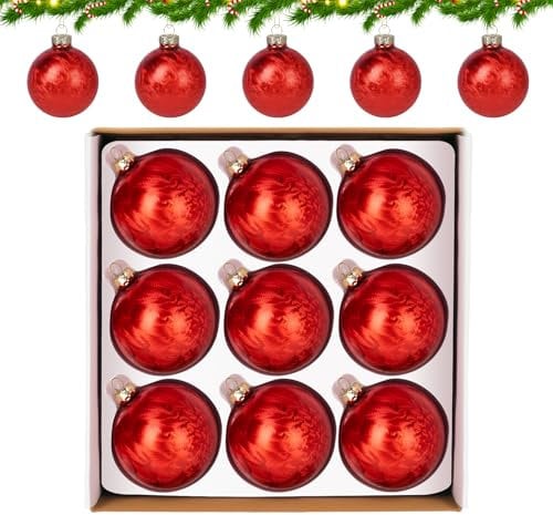 Anstore 9 Stück Weihnachtskugeln, Rot Weihnachtskugeln aus Glas, Christbaumkugeln ∅ 8cm, Christbaumschmuck mit Spezielles Federmalverfahren, Weihnachtsdeko für Feiertage und Partydekoration