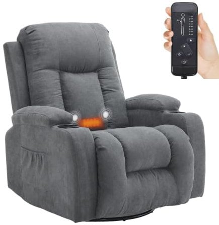 LEADZM Fernsehsessel Relaxsessel mit 360°-Drehung, Elektro-Massagesessel mit Liegefunktion, Massage, Heizung, 2 Seitentaschen und Getränkehalter, TV-Sessel mit Liegeposition