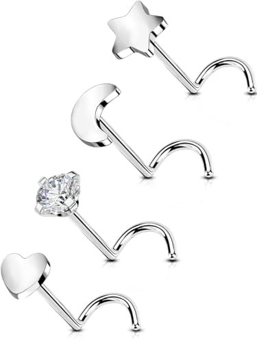OUFER 20G 0.8 mm 4stk Titan Nasenpiercing Ring Nasenring S Form Round Star Moon CZ Nasen Piercing Nase Nostril Twist Stecker Dünn Nasenstecker Nasenspirale Schmuck Nose Ring Screw 3 mm Jewellery