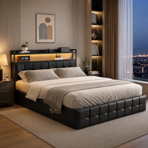 Polsterbett Doppelbett 160x200 mit LED,Bett mit Stauraum 160x200 cm mit Lattenrost,Hydraulisch Stauraumbett mit Kopfteil,Funktionsbett mit USB Jugendbett Doppelbett mit Stauraum für Erwachsene