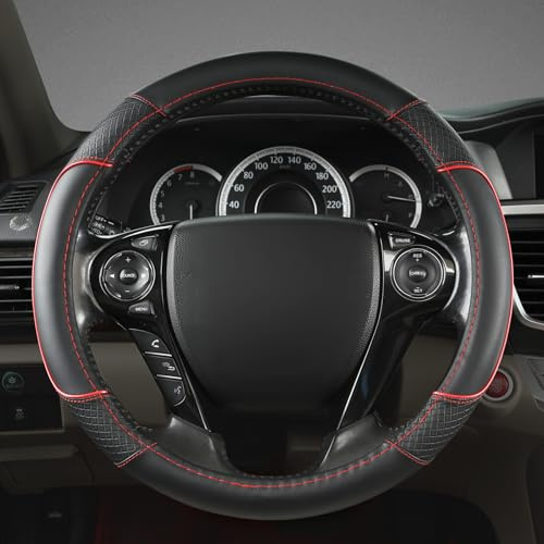 GIANT PANDA Auto Lenkradbezug aus PU-Leder, 37-38cm – Diamantgesteppt, Atmungsaktiv, rutschfest, Universalgröße - Schwarz+Rot