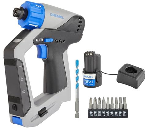 Dremel Blueprint 12V Brushless 3-in-1 Drill Driver Cordless Kit with Integrated Stud Finder, Detachable Laser Level, 2.0 Ah Battery, 9X Bit Set, 1x Multimaterial Drill-Bit, Bubble Level, Fast Charger