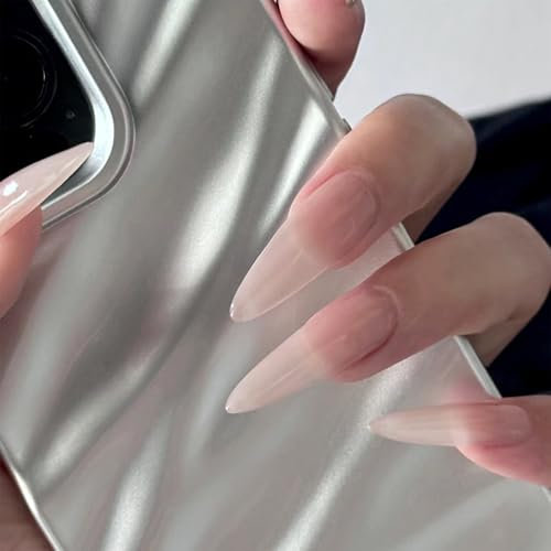 NICENEEDED 24PCS Long Stiletto False Nails, Nude Press on Nails Almond Glossy Artificial Nails for Women