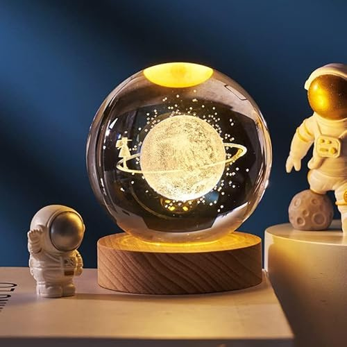 MCHERRY 3D Kristallkugel Nachtlicht, Planetenmodell mit LED-Beleuchtung, 3D Kristallkugel mit Led USB-Holzsockelfür Weihnachten Thanksgiving Geburtstag, Dekorative Tischlampe (Starry Sky)