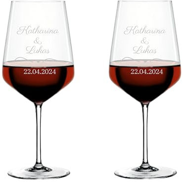 EKM Living Weinglas 2er Set mit Gravur zur Hochzeit personalisiert mit Namen und Datum/individuelles Geschenk für Brautpaar, zur Verlobung/Jahrestag/Weingläser Spiegelau & Nachtmann Style