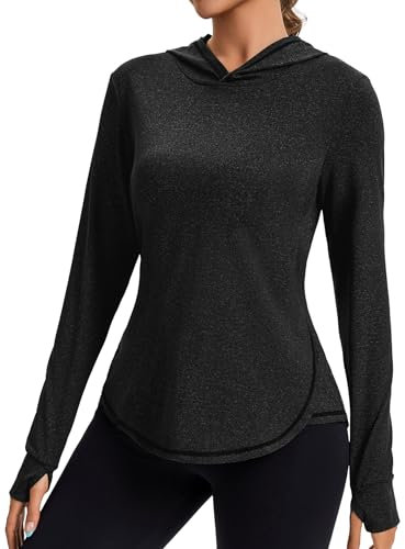 Gyabnw Women's Long Sleeve Activewear Hoodie with Thumb Holes Reflective Back Sun Protection Yoga Running Sports Gym Top Black