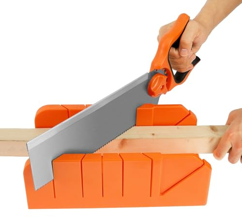 Mitre Box with Saw for Woodworking Cuts at 22.5° 45° and 90° Angles Orange Plastic Mitre Box and SK5 Steel Saw Set for Cutting Wood
