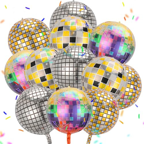 12 Discokugel Luftballons Folienballon Helium Luftballons Disco Party Deko | 4D, 22 Zoll für 70er 80er 90er Jahre Party Deko Geburtstag Graduierung Weihnachtsfeier Dekorationen