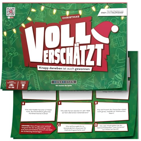 DENKRIESEN Voll Verschätzt! Christmas Edition | DIN A4 Spielblock | Weihnachts-, Quiz- und Schätzspiel mit 350 Weihnachtsfragen für 2+ Spieler, ohne Internet, Lösungen direkt auf dem Block.