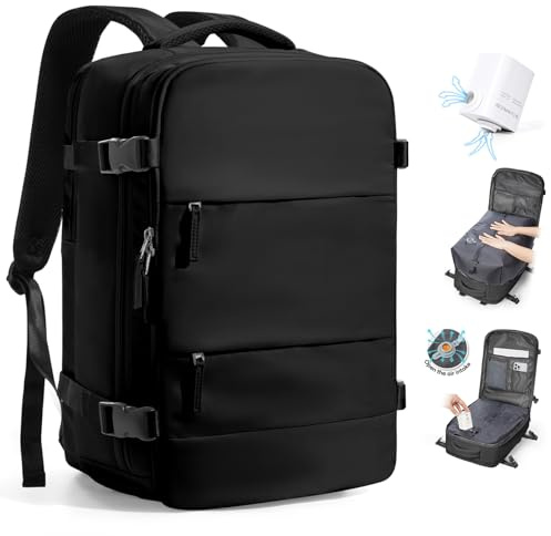 VENATIN Sac a dos voyage Cabine avion sous vide, sac à dos voyage cabine Easyjet 45 x 36 x 20 avion avec pompe,Bagage Cabine à Main avec Compression pour Homme et Femme, Noir