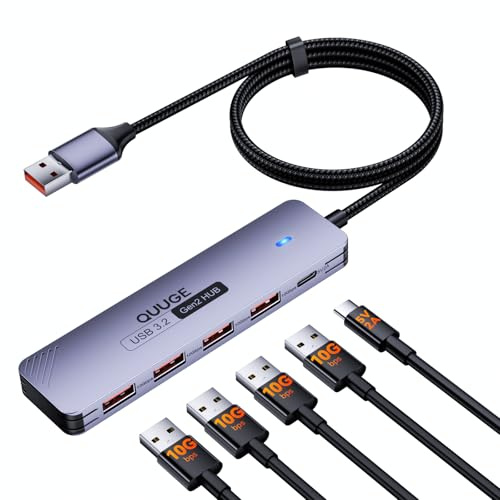 QUUGE USB 3.2 Hub, 4 Port USB A 10 Gbps, 120cm Kabel, 5V Eingang für PCs | 5V 2A Stromeingang, 120cm Nylonkabel, Aluminiumgehäuse, externe Laufwerke, Plug and Play, für Laptop- und Desktop-Workflows
