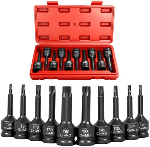 AFEPHE 10 Pièces Douille Hexagonale Mâle 1/2(T20,T25,T27,T30,T35,T40,T45,T50,T55,T60) Douille à Six Pans en CR-MO pour vis Torx