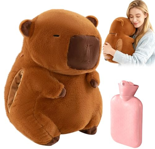 Wärmflasche Kuscheltier, 500ml Plüsch Wärmflasche Capybara, Handwärmer, Herausnehmbarer Innenbehälter, Wärmeflasche mit Bezug für Regelschmerzen, Nacken, Schulter, Muskel und Gelenkschmerzen