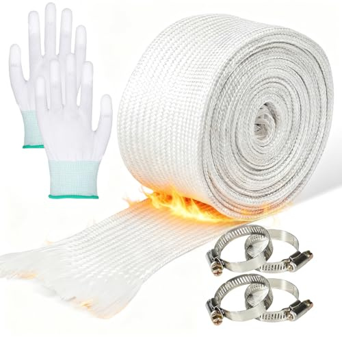 25mm Abgasschlauch Wärmeisolierender Gewebeschlauch Glasfaser Abgasrohr Standheizung mit 4 Schlauchschellen Edelstahl und 1 Paar Weiße Handschuhe Wärmedämmstoffe für Klima und Heizungsanlagen